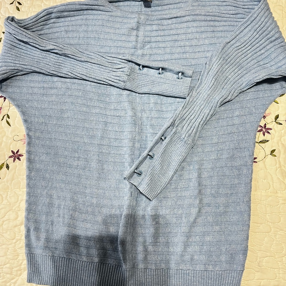 New York & Company Blue Cardigan Sweater with Ribbed Knit